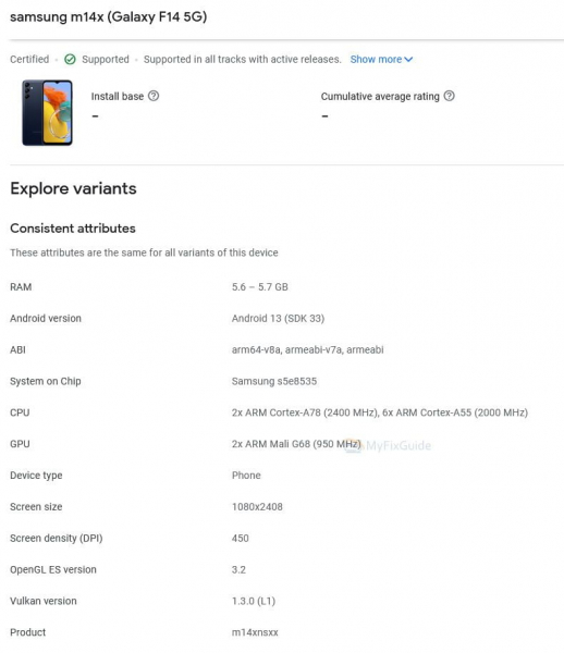 Samsung Galaxy F14 5G появился на сайте Google Play Console с процессором Exynos 13301