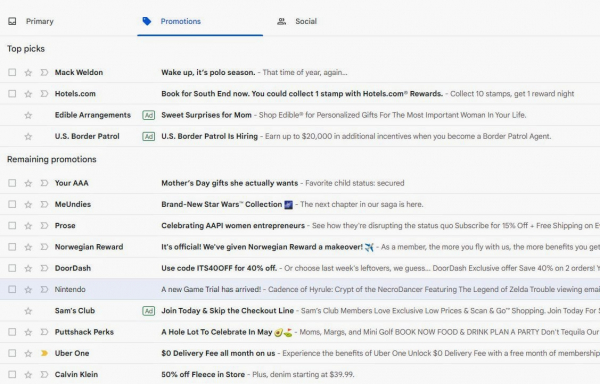 В Gmail появилось больше рекламы. Объявления теперь показываются среди писем0