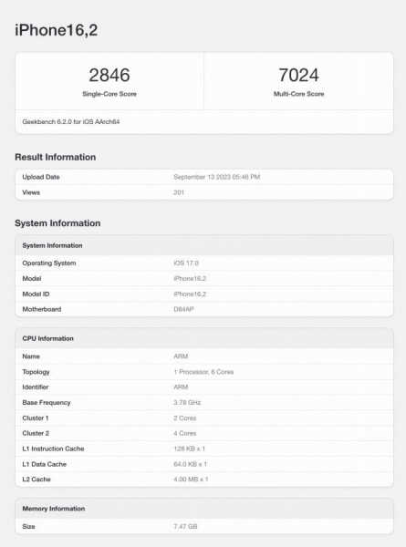 Apple A17 Pro протестировали в Geekbench с частотой производительных ядер 3.78 ГГЦ2